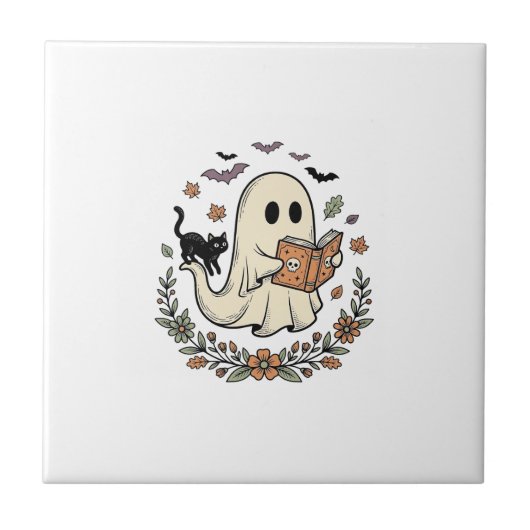 Oude Geest Kat Halloween Bloemrijke Vector Ontwerp Tegeltje (Voorkant)