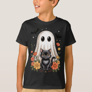 Oude Geest Zwarte Kat Bloemig Halloween Griezelig T-shirt