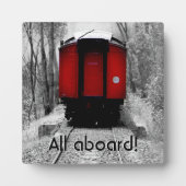 Oude gefaseerde stoomtrein met rode cabine fotoplaat (Voorkant)