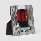 Oude gefaseerde stoomtrein met rode cabine fotoplaat (Voorkant)