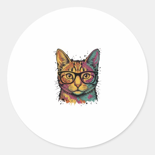 Oude Gegraveerde Kat Met Bril Vectorontwerp_1 Ronde Sticker (Voorkant)