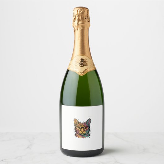 Oude Gegraveerde Kat Met Bril Vectorontwerp_1 Sparkling Wijnetiket (Voorkant)