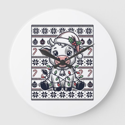 Oude Gegraveerde Kerst Koe Ugly Sweater Ontwerp Grote Klok (Voorkant)