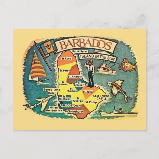 Oude geïllustreerde kaart van Barbados op ansichtk (Voorkant)