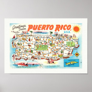 Oude geïllustreerde Puerto Rico kaart afdrukken Poster