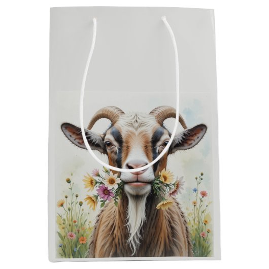 Oude Geit Met Bloemen Leuke Nieuwigheid Dierenpatr Medium Cadeauzakje (Voorkant)