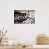 Oude gekleurde houten kist verlaten op strand poster (Keuken)