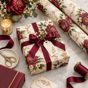 Oude Geld Bourgondiër Elegante Pioen Huwelijk Cadeaupapier