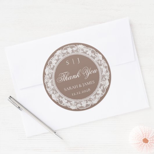 Oude Geld Bruiloft Taupe Witte Kant Bedankt Ronde Sticker (Envelop)