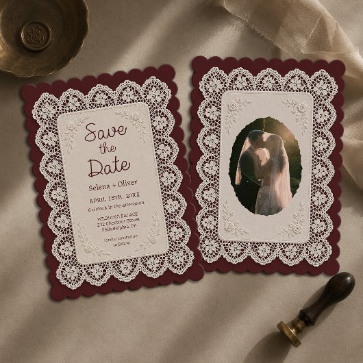 Oude Geld Kant Perzikkleur Bruiloft Save The Date Kaart