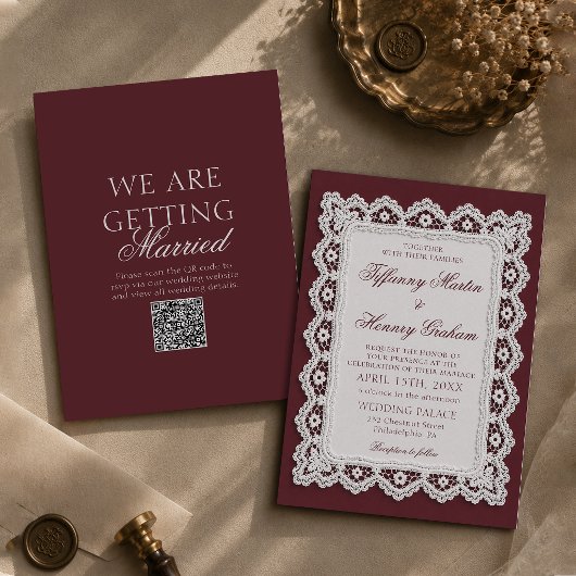 Oude Geld Kant Werk Burgundy QR Code Bruiloft Kaart