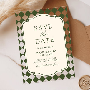 Oude Geld Olijf Geruite Trouw Save the Date Acryl Uitnodigingen