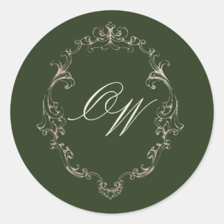 Oude Geld Olijfgroene Elegante Monogram Huwelijk Ronde Sticker