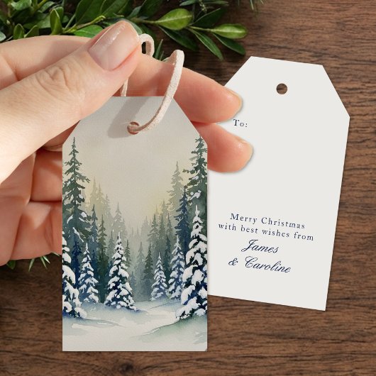 Oude Geld Sneeuwige Winter Bos Scène Kerstmis Cadeaulabel