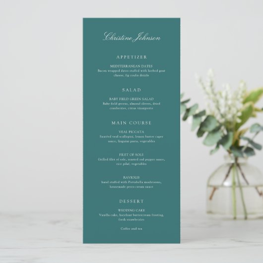 Oude Geld Teal Klassieke Gast Naam Bruiloft Menu (Staand voorkant)
