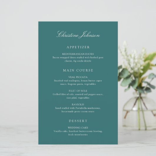 Oude Geld Teal Klassieke Gast Naam Trouw Menu (Staand voorkant)