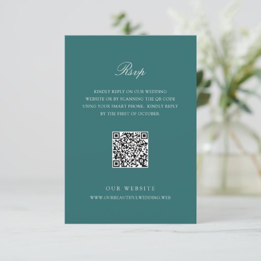 Oude Geld Teal Klassieke QR Code Huwelijk RSVP Kaartje (Staand voorkant)