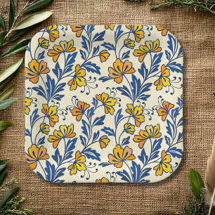 Oude gele oranje volksbloem in blauw blad papieren bordje
