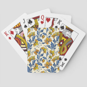 Oude gele oranje volksbloem in blauw blad pokerkaarten