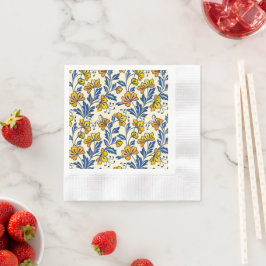 Oude gele oranje volksbloem in blauw blad servet