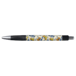 Oude gele oranje volksbloem in blauwe blad pen