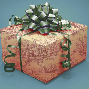 Oude gele rode Toile de Jouy-meer Cadeaupapier
