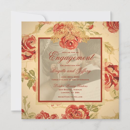 Oude gele roestige rode roos trouwfoto uitnodiging (Voorkant)