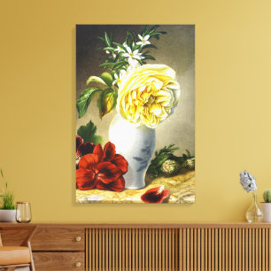 Oude Gele Roos Rode Viooltje Bloemvaas Kunst Canvas Afdruk