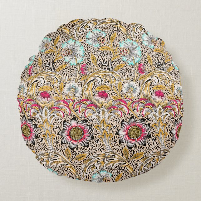Oude gele roze William Morris's Corncockle Rond Kussen (Voorkant)