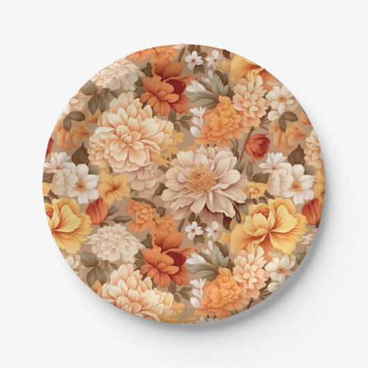 Oude gele verbrande oranje beige bruine bloemen papieren bordje (Voorkant)