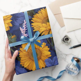 Oude gele zonnebloem blauwe bloempatroon cadeaupapier