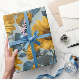 Oude gele zonnebloem blauwe bloempatroon cadeaupapier