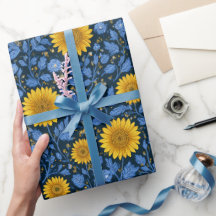 Oude gele zonnebloem blauwe bloempatroon