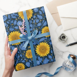 Oude gele zonnebloem blauwe bloempatroon cadeaupapier