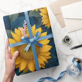Oude gele zonnebloem blauwe bloempatroon cadeaupapier