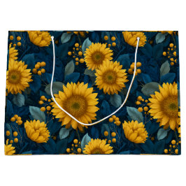 Oude gele zonnebloem blauwe bloempatroon groot cadeauzakje