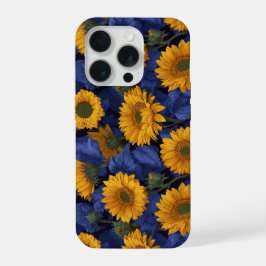 Oude gele zonnebloem blauwe bloempatroon iPhone 15 pro case