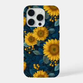 Oude gele zonnebloem blauwe bloempatroon iPhone 15 pro case