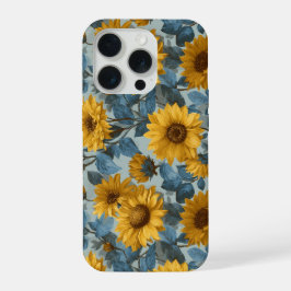 Oude gele zonnebloem blauwe bloempatroon iPhone 15 pro case