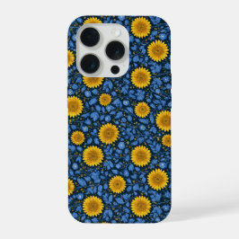 Oude gele zonnebloem blauwe bloempatroon iPhone 15 pro case