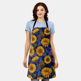 Oude gele zonnebloem blauwe bloempatroon schort