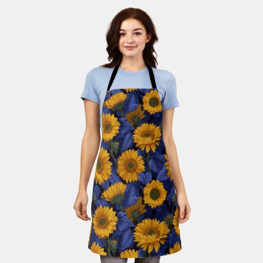 Oude gele zonnebloem blauwe bloempatroon schort (Gedragen)