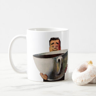 Oude gelukkige man drinkt reusachtige kop koffie