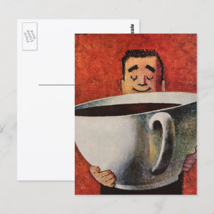 Oude gelukkige man drinkt reusachtige kop koffie briefkaart