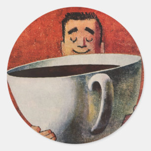 Oude gelukkige man drinkt reusachtige kop koffie ronde sticker