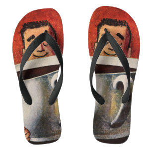 Oude gelukkige man drinkt reusachtige kop koffie teenslippers