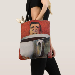 Oude gelukkige man drinkt reusachtige kop koffie tote bag