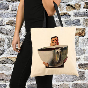 Oude gelukkige man drinkt reusachtige kop koffie tote bag