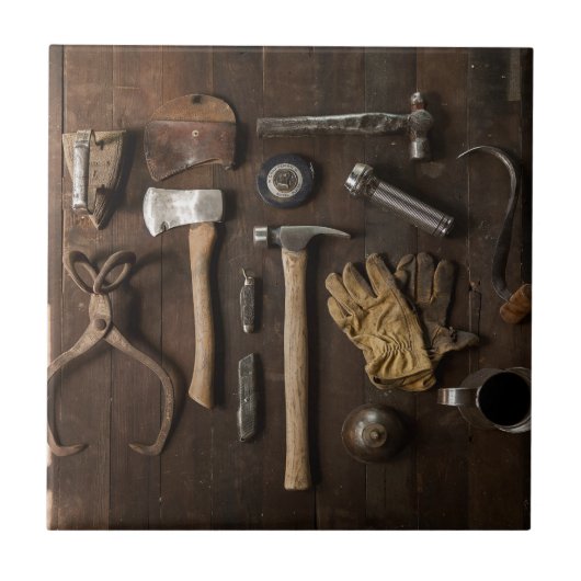 Oude gereedschappen op basis van hout, keramische  tegeltje (Voorkant)