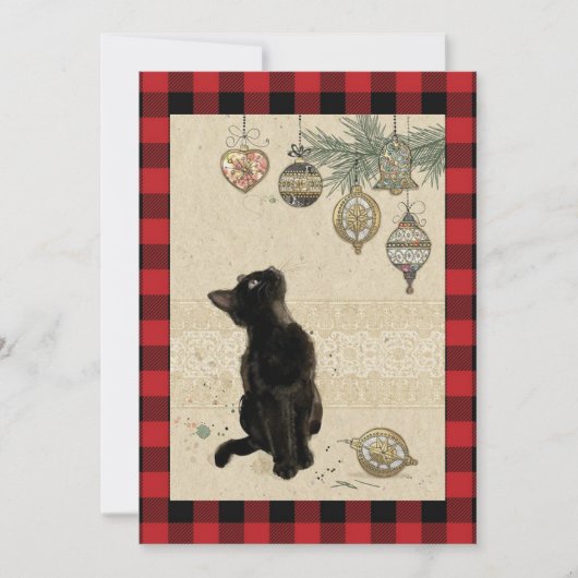 Oude geruite zwarte kat die naar versieringen kijk feestdagenkaart (Voorkant)